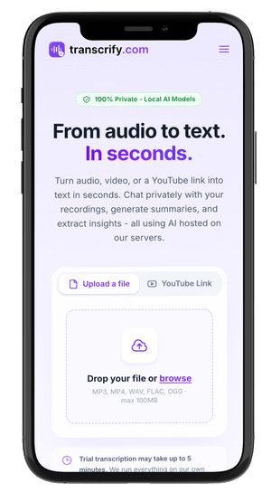 Transcrify — widok mobile